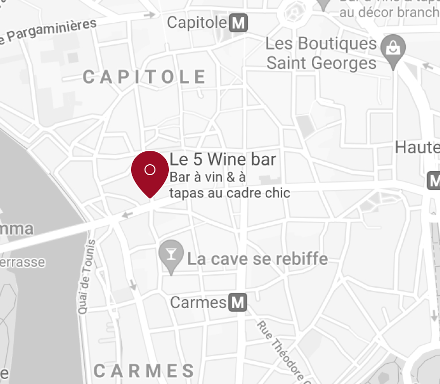 Plan de Toulouse pour situer le 5 Wine Bar : entre les Carmes et le Capitol, dans le vieux centre